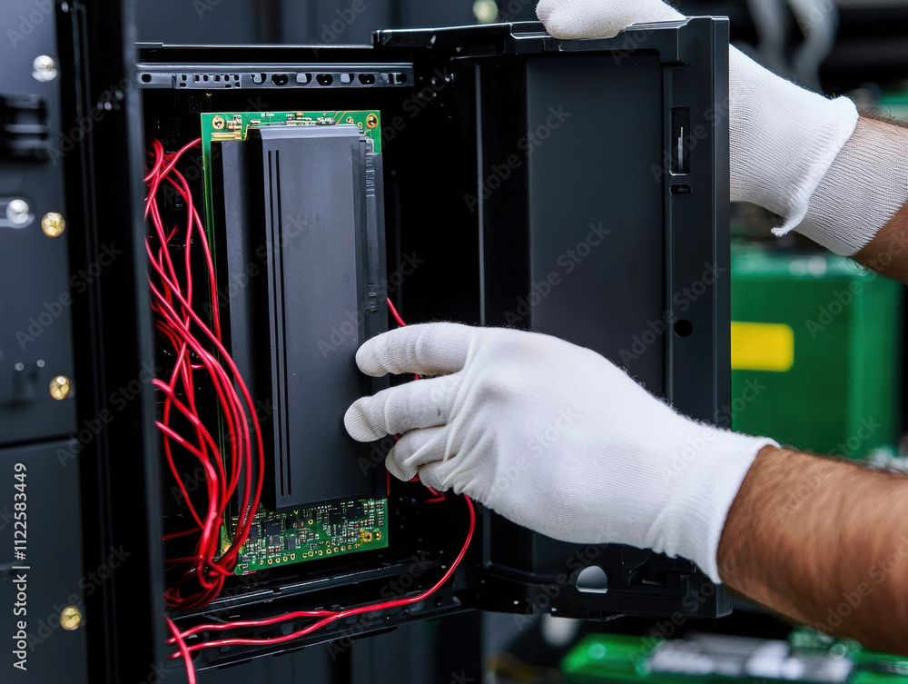 Poster battery replacement energy concept. a technician installs a battery into a control panel, showcasing