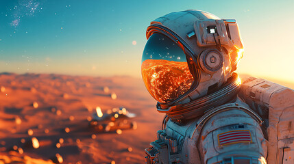 an astronaut in a space suit with the Earth's horizon visible through the helmet visor, set against a warm, golden landscape, likely the surface of Mars. The astronaut appears to be floating or moving