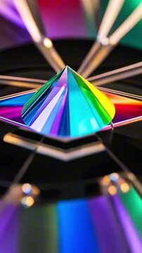 vertical 9:16 Close-up of a spinning crystal wheel reflecting light in prismatic colors