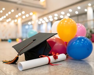 Pink Blue themed graduation cap and diploma with starry embellishments, champagne bottle and glasses for celebration. Graduation party concept background banner and website design template
