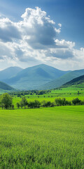Fototapeta premium Lush green landscape with mountains and clouds during a bright day