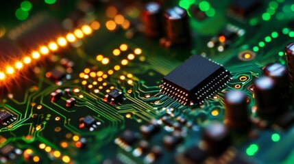 Obraz premium Glowing circuit board. Microchip background