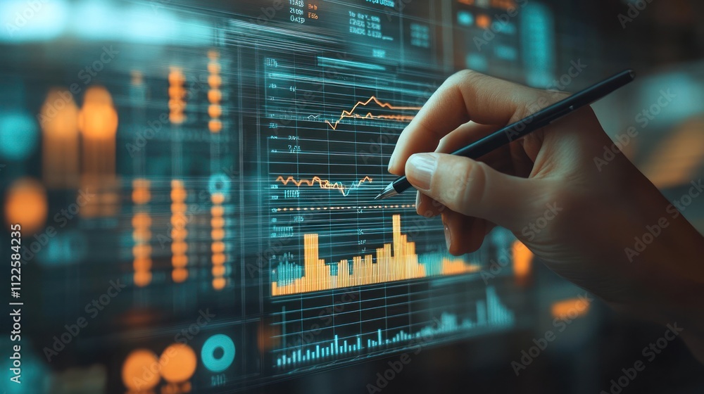 Poster a hand holding a pen hovers over a screen displaying data and graphs.
