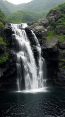 Obraz premium Waterfall cascading over dark rocks surrounded by lush green foliage in a misty mountainous landscape. Scenic nature photography for phone wallpaper