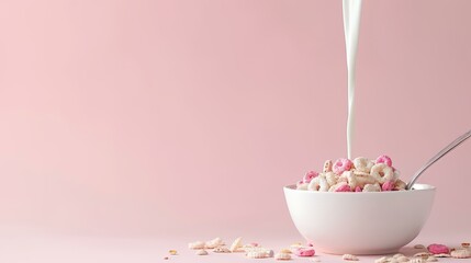 Multigrain Cheerios in a bowl, milk pouring in, with a spoon, copy space, Cereal photography