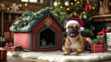 Festive French Bulldog puppy in Santa hat near Christmas tree and gifts.