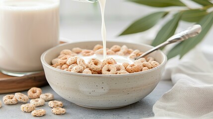 Multigrain Cheerios in a bowl, milk pouring in, with a spoon, Cereal photography