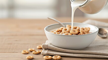 Multigrain Cheerios in a bowl, milk pouring in, with a spoon, copy space, Cereal photography