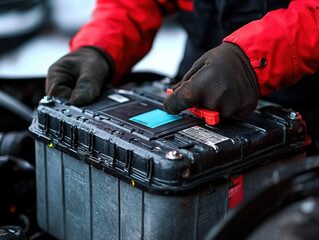 Battery replacement energy concept. A person in gloves is handling a car battery, focusing on maintenance and safety in an automotive environment.
