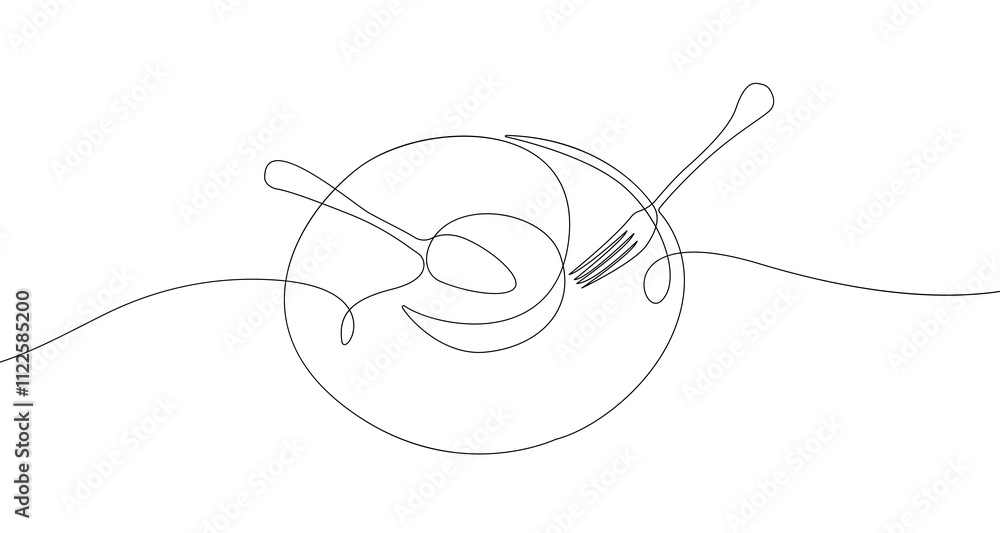 Poster tableware in continuous one line style. one line drawing of silverware vector illustration. cutlery 