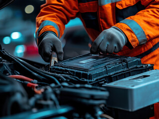 Battery replacement energy concept. A mechanic in an orange uniform works on a car battery, demonstrating hands-on automotive maintenance in a workshop setting.