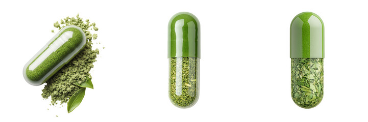 A green capsule filled with herbal ingredients, displayed alongside a burst of powder, showcasing its health-oriented nature, white background, transparent background.