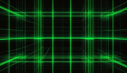 Obraz premium Abstract digital art with green neon lines forming a grid pattern over a black background