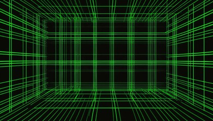 Abstract digital art with green neon lines forming a grid pattern over a black background
