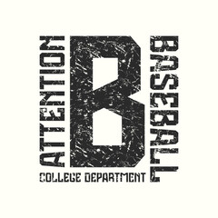 College team baseball emblem. Letter B graphic design with rough texture for t-shirt. Black print on white background