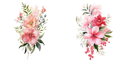 Fototapeta premium A vibrant arrangement of pink and peach flowers with lush green leaves, showcasing intricate details and natural beauty.