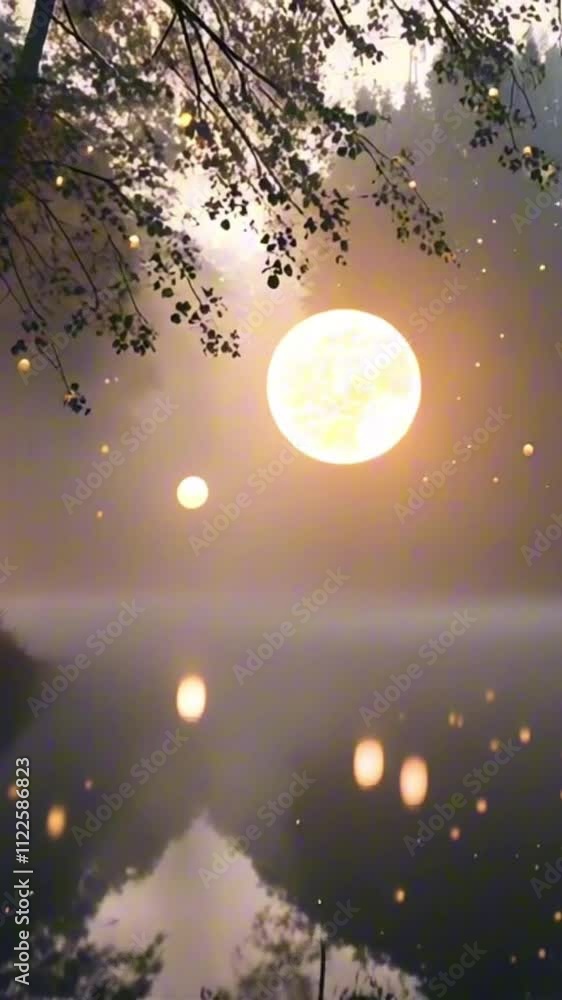 Wall mural vertical 9:16 bright floating orbs in a dark foggy environment with ethereal, soft-focus lighting
