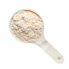 A measuring scoop filled with a fine white powder, white background, transparent background.