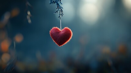 Obraz premium A soft, red heart, valentine hangs delicately in a misty, enchanting environment.
