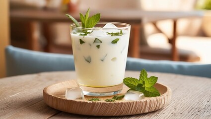 A glass of traditional Turkish kefir or ayran, prepared from thick and creamy yoghurt, adorned with a sprinkle of crushed mint leaves and a few ice cubes, sits on a rustic wooden table with a subtle g
