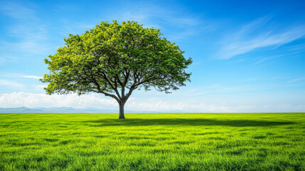 Majestic green tree standing alone in a vibrant meadow under a clear blue sky