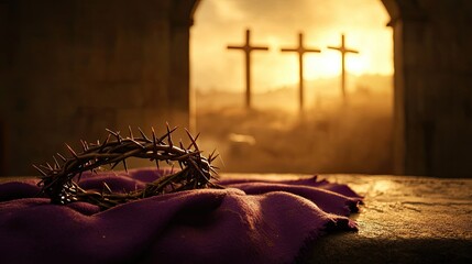 The crown of thorns and purple robe placed on a doorpost with the soft glow of sunrise, and three crosses rising in the background, signifying the crucifixion and resurrection of Jesus.