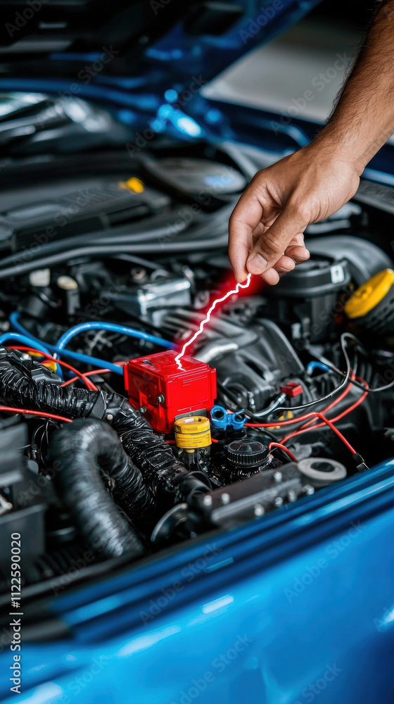 Poster battery replacement energy concept. a hand using a tester on a car's engine wires, highlighting elec