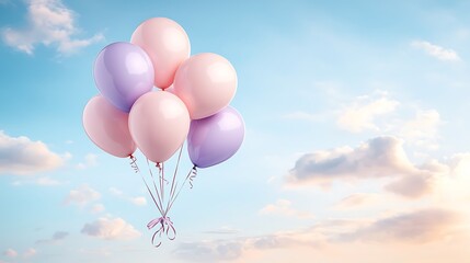 Obraz premium Joyful celebration colorful balloons floating in the sky with a blue background aerial view