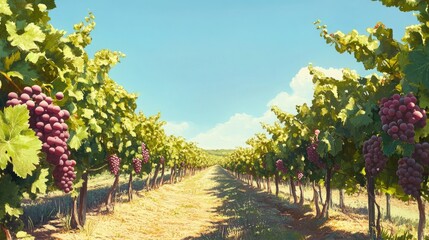 Fototapeta premium Wide view of a vineyard with ripe grape clusters under a clear blue sky, ideal for a wallpaper design with generous copy space.