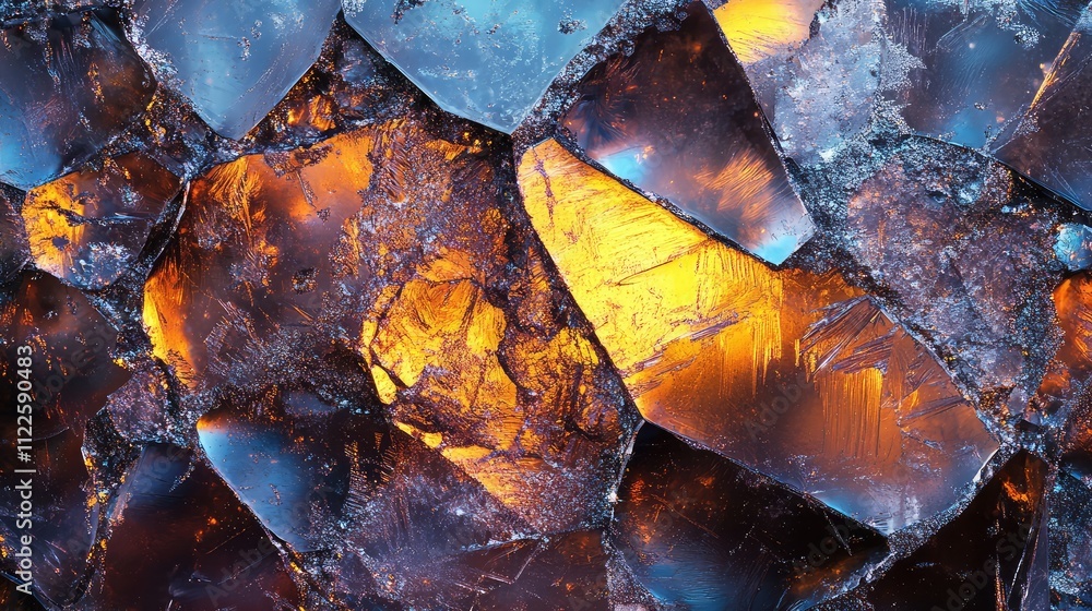 Poster an abstract view of ice under a microscope, with chaotic cracks and crystal formations illuminated b
