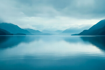 Fototapeta premium Tranquil lake surrounded by misty mountains at dawn with still water reflections