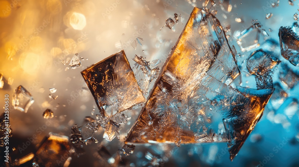 Poster an abstract view of ice under a microscope, with chaotic cracks and crystal formations illuminated b