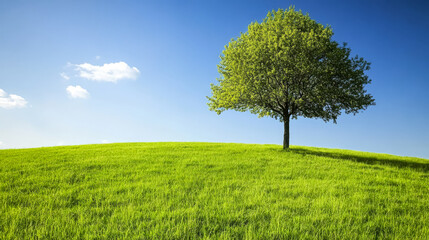 Obraz premium Lush green landscape with a solitary tree under a clear blue sky during daylight
