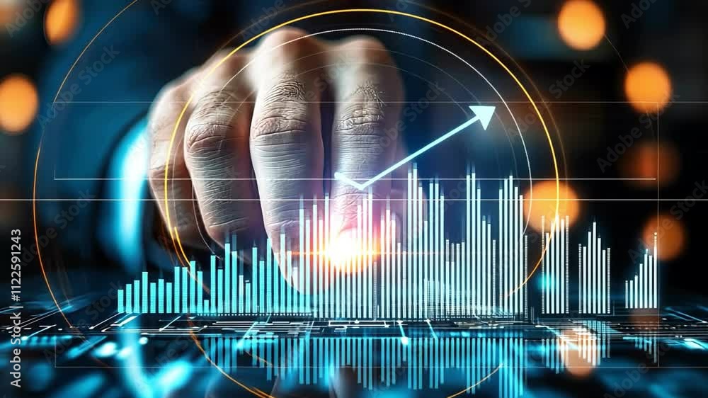 Poster digital analytics, data visualization, business insights with modern touchscreen interface.