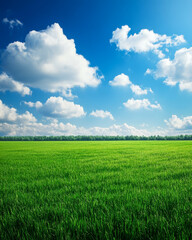 Bright blue sky with fluffy clouds over a lush green field in daylight