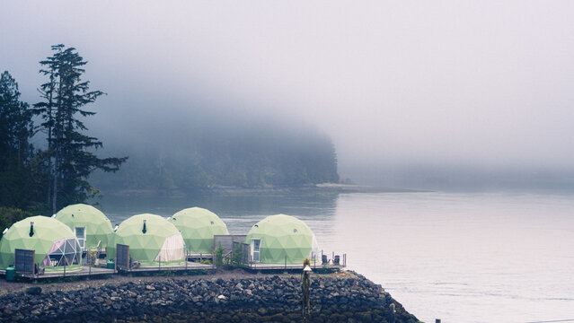 A foggy morning in a Pacific Ocean bay with a forest in the background and a glamping site
