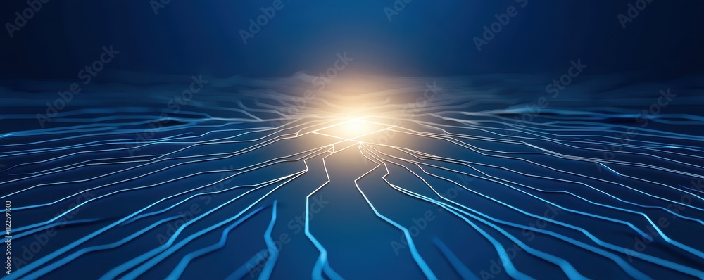 Poster outline blueprint flow concept. a luminous point at the center radiates light through a network of f