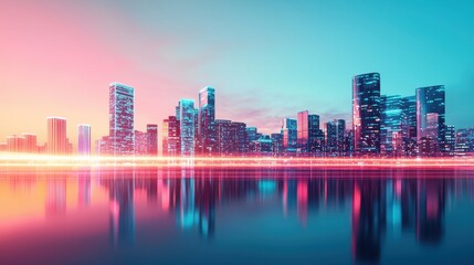 Obraz premium outline blueprint flow concept. A vibrant city skyline reflects in water, bathed in pink and blue hues, showcasing modern architecture and a tranquil atmosphere at twilight.