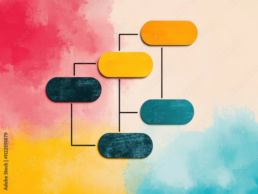 Poster outline blueprint flow concept. a colorful flowchart with oval shapes in yellow and turquoise on a v
