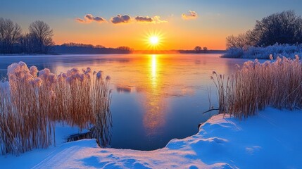 Obraz premium A serene winter sunset over a frozen lake, surrounded by snow and tall grasses.
