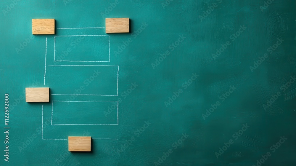 Poster outline blueprint flow concept. a minimalist chalkboard diagram featuring wooden blocks and outlined