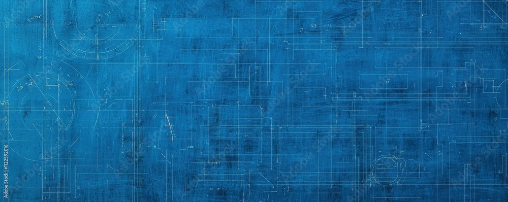 Poster outline blueprint flow concept. a blue background featuring white blueprint lines and grid patterns,