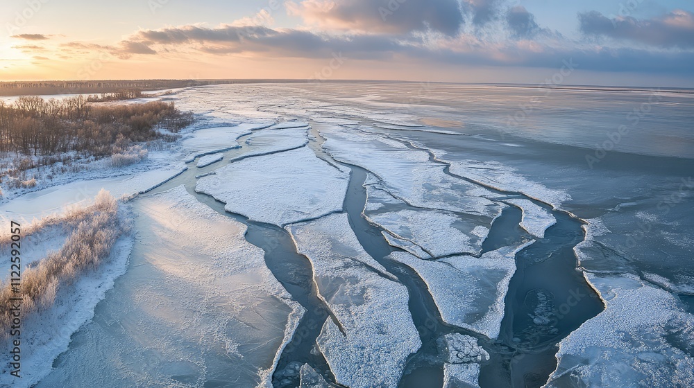 Poster an aerial view of a frozen lake showcasing deep cracks in the ice forming abstract geometric lines a
