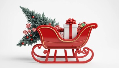 Red Christmas sleigh filled with gifts, candy canes, and a tree on white background. Concept of holiday celebration. 3D Rendering