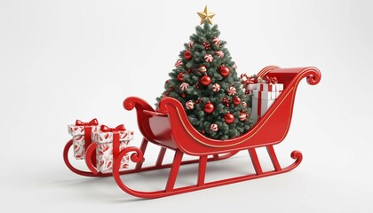 Red Christmas sleigh filled with gifts, candy canes, and a tree on white background. Concept of holiday celebration. 3D Rendering