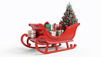 Red Christmas sleigh filled with gifts, candy canes, and a tree on white background. Concept of holiday celebration. 3D Rendering