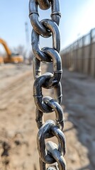 Close-up of a metal chain outdoors, construction site background.