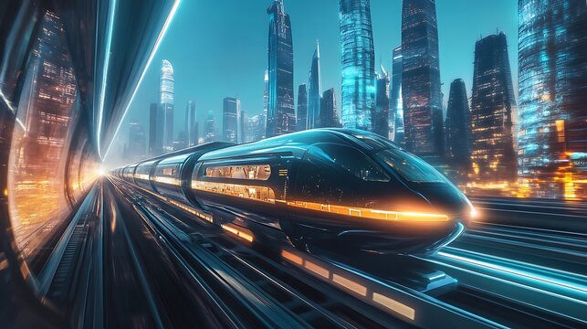 Futuristic High Speed Train Through Neon Cityscape