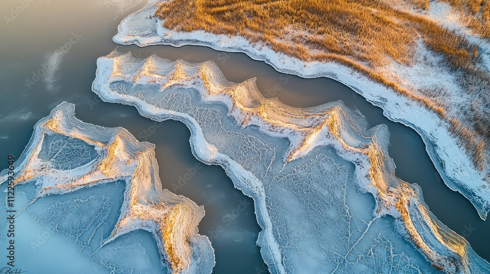 Poster an aerial view of a frozen lake showcasing deep cracks in the ice forming abstract geometric lines a
