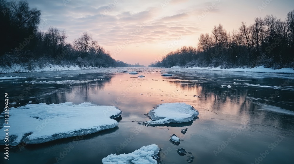 Poster an artistic shot of a frozen river with scattered ice chunks and smooth reflective patches mirroring